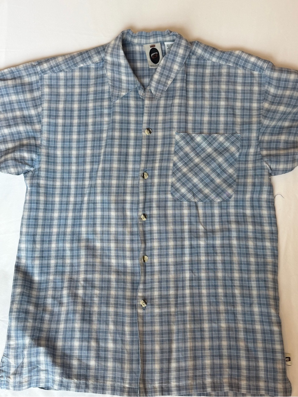 Vintage 90s Bugle Boy Mens XL Blue Plaid Short Sleeve Button Up Shirt Cotton